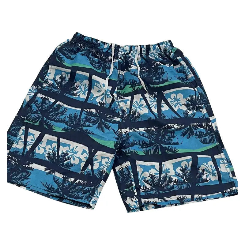 Men's floral print five-point swimming trunks made from polyester in a free size.