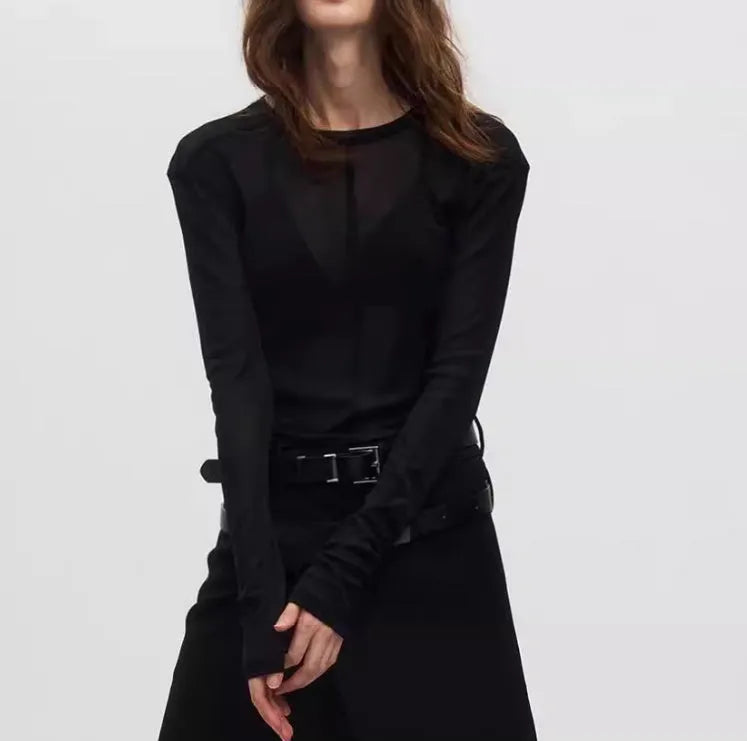 Black slim-fit mesh pullover with long sleeves and a round collar.