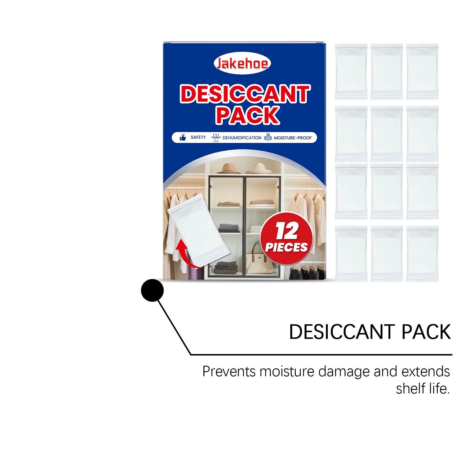 Set of 12 white anti odour desiccant packs for absorbing moisture in wardrobes and cupboards.