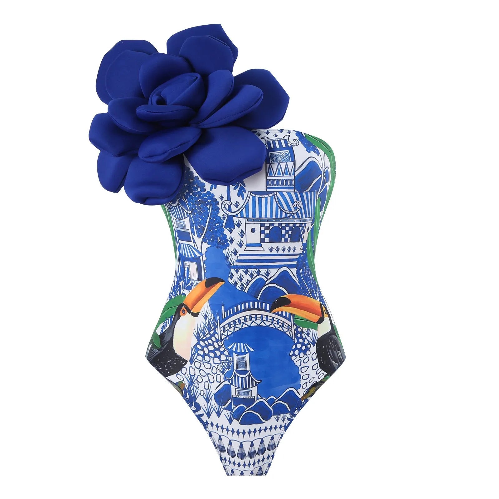 Women's blue printed one-piece swimsuit with matching gauze skirt, a holiday outfit set for swimming.