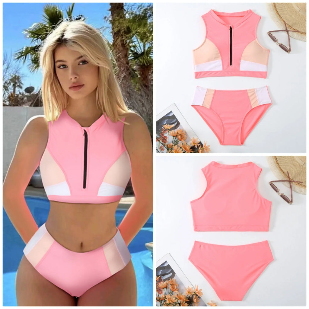 Pink high waisted women's bikini swimsuit with briefs and sleeveless top on mannequin