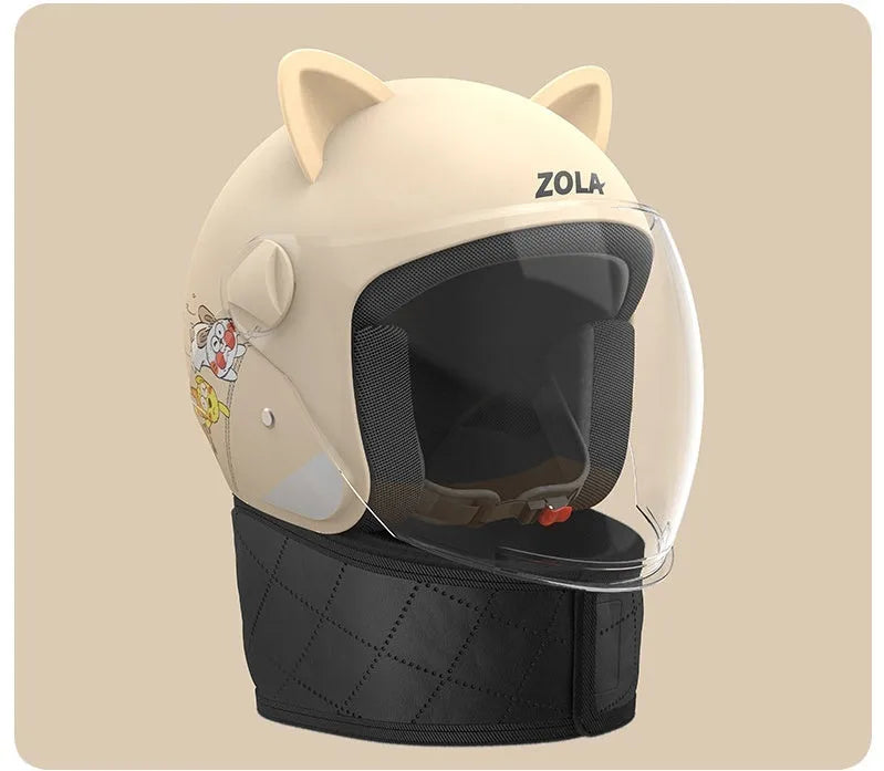 Adult electric bicycle helmet with attached winter scarf and anti-fog visor in blue colour