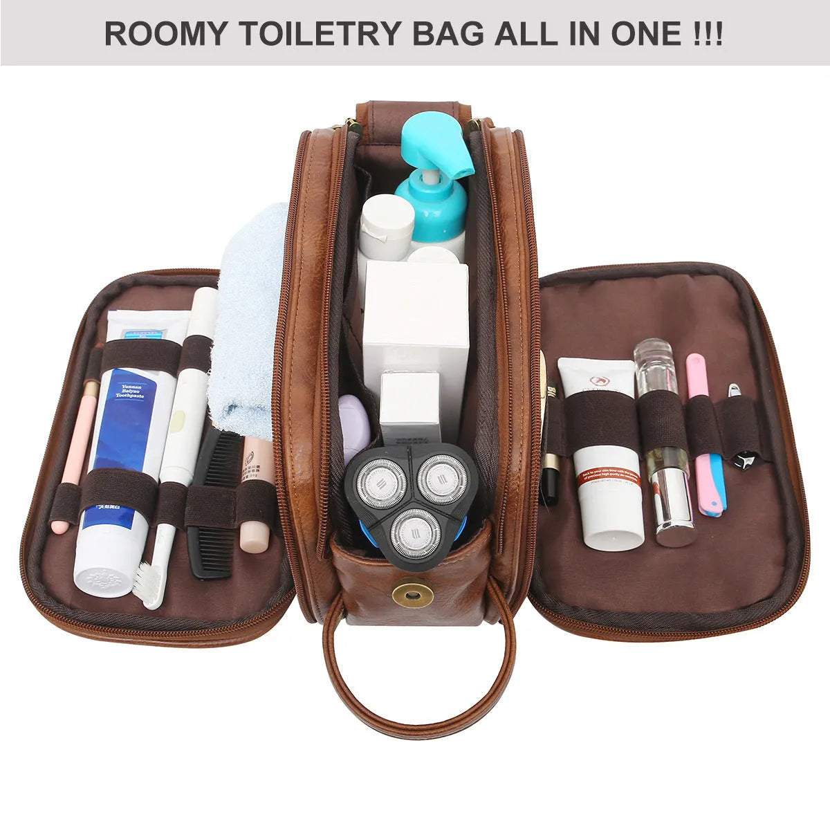 Men's black and brown PU toiletry bag with multiple compartments for travel cosmetics storage
