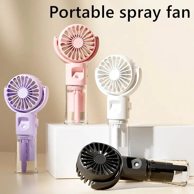 Portable handheld spray fan with transparent water tank and four-speed mist function in black colour