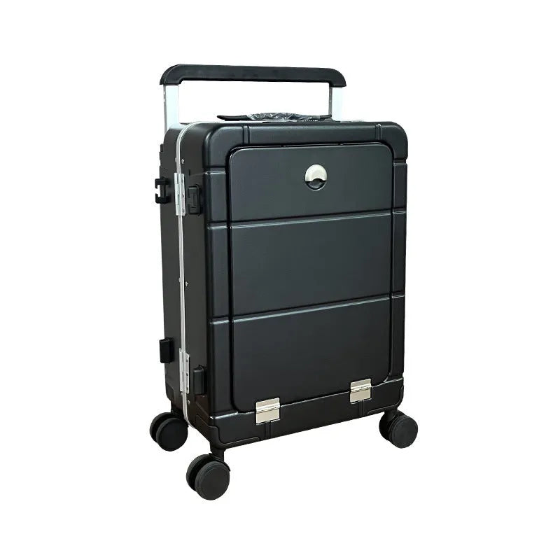 Front opening 20-inch hard shell suitcase in black showing the dry wet separation compartment.