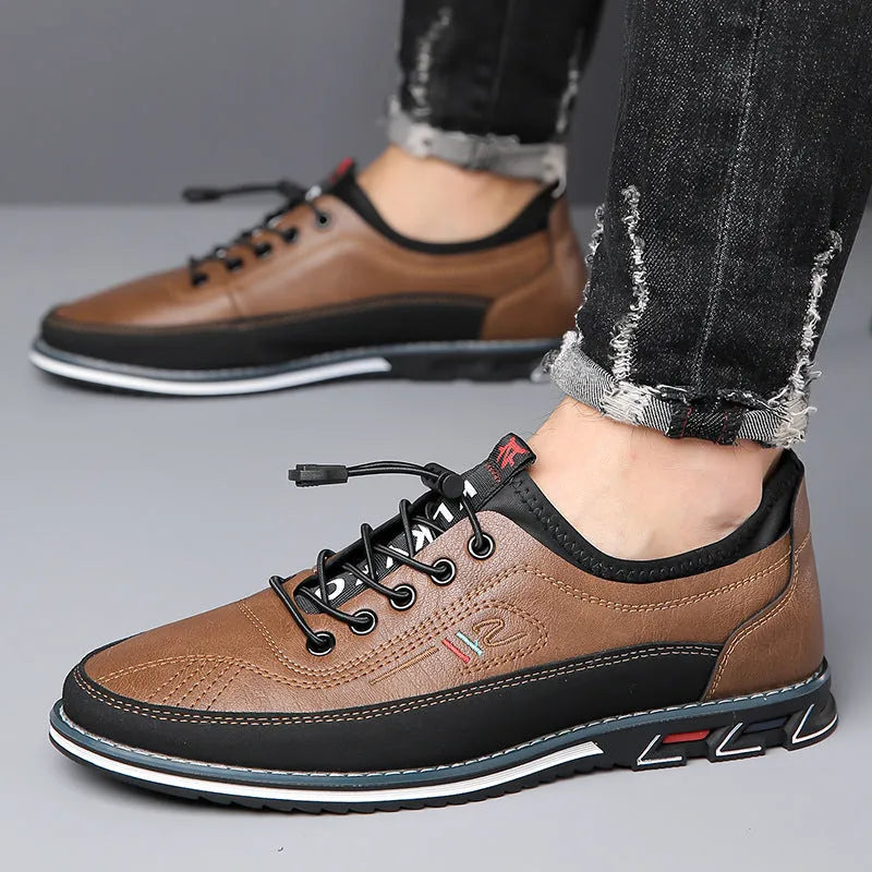 Genuine leather men's sports shoes black colour with vulcanised rubber sole and buckle closure