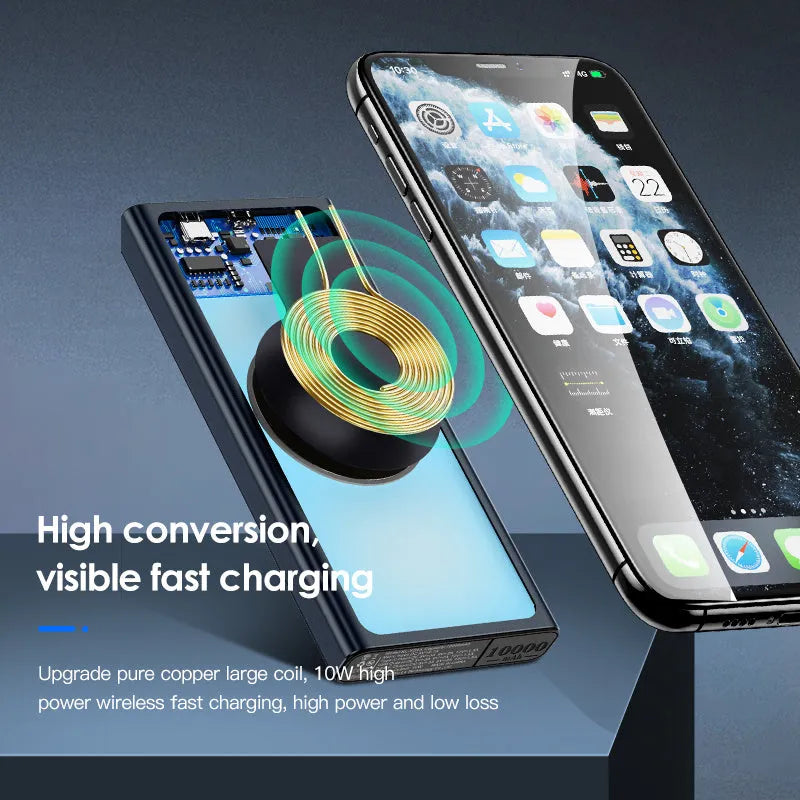 10000mAh wireless power bank with alloy shell black blue fast charging built-in plug