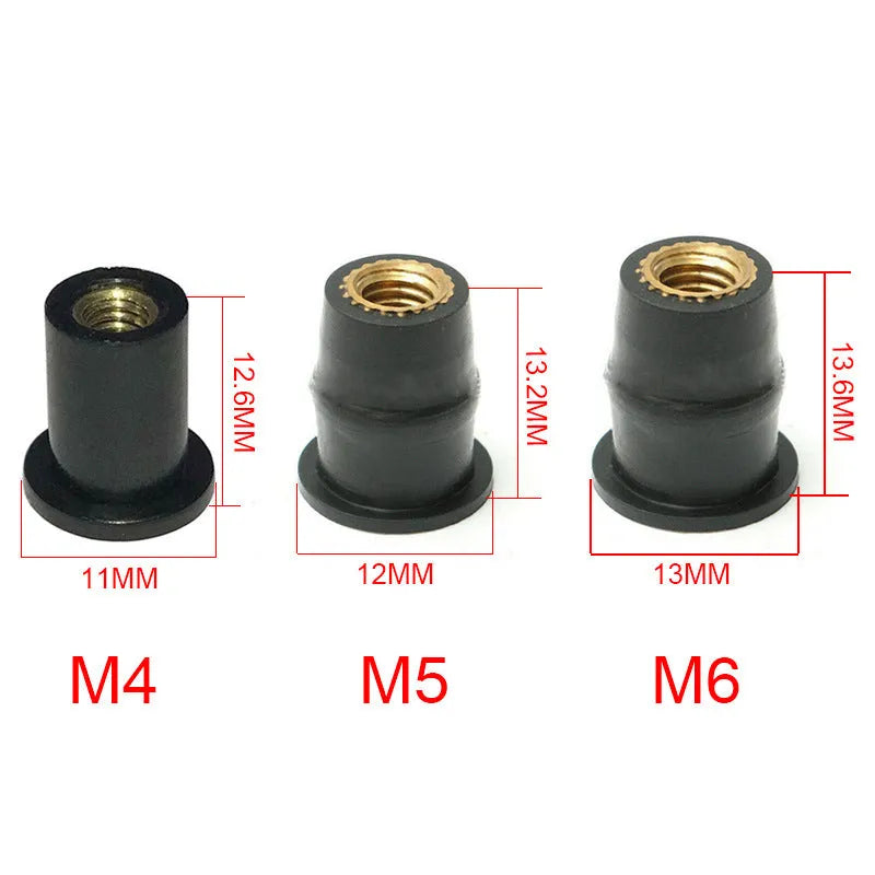 Black motorcycle windshield rubber well nut brass fasteners in three metric sizes