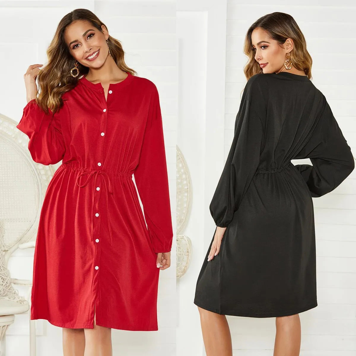 Women's black A-line midi dress with elastic waist and long sleeves