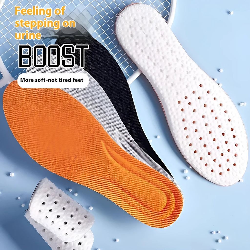 Grey, black, and orange breathable sports insoles made from soft PU material, shown alongside scissors for cut-to-fit sizing.