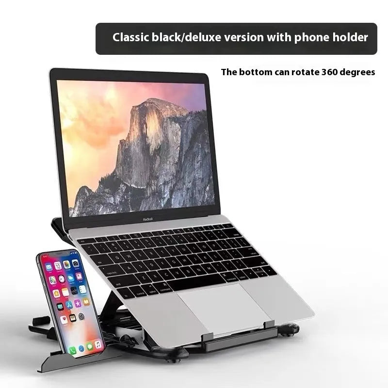 Black ABS plastic laptop lifting bracket with integrated phone holder on a wooden desk
