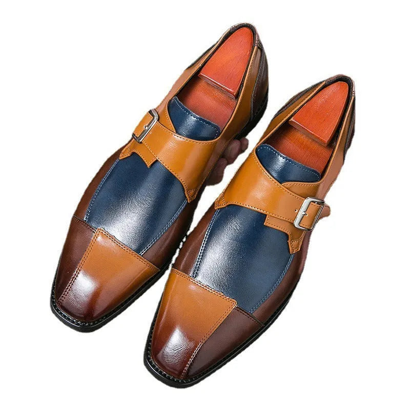 Men's British style retro buckle casual leather shoes in brown blue and black colours with tall crown design