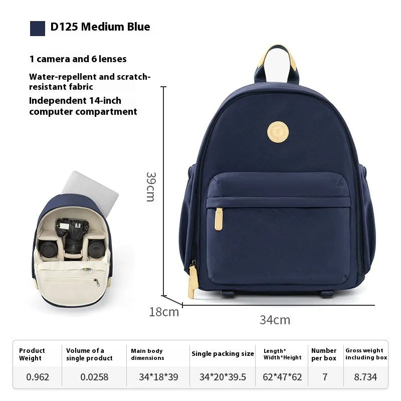 Women's polyester shoulder camera bag in black with a curved strap and detachable iPad pocket.
