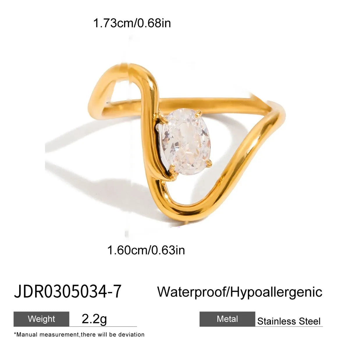 Geometric stainless steel zircon ring with no-fade finish on a hand.