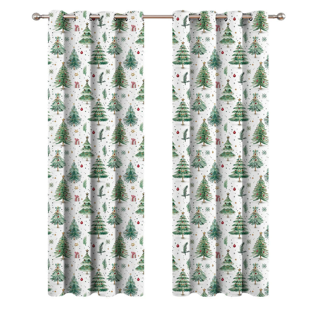 Close-up of a white polyester curtain with a punched Christmas tree forest pattern, showing its texture and light-filtering quality.