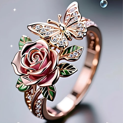 Adjustable butterfly personality ring with colourful oil drip finish showing rose and leaf design elements