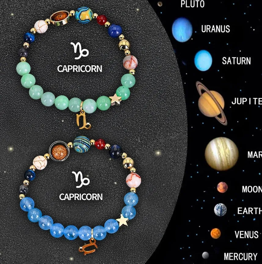 Natural stone beaded zodiac bracelets on elastic cord showing astrological symbols for twelve star signs