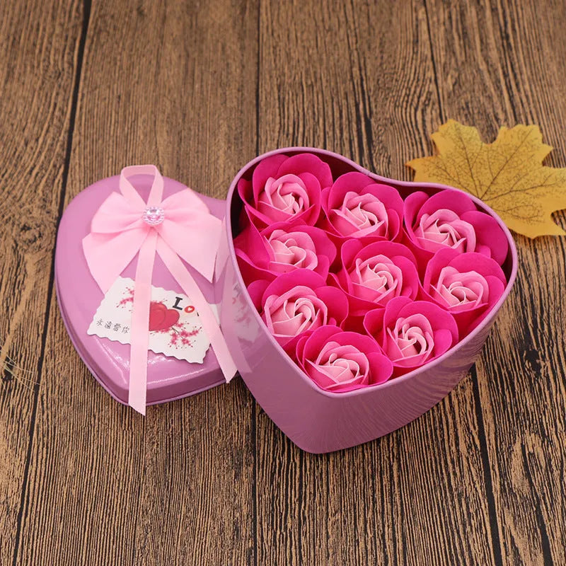 Soap flower gift box heart shaped tin box with bear figure red pink blue purple gradient handmade