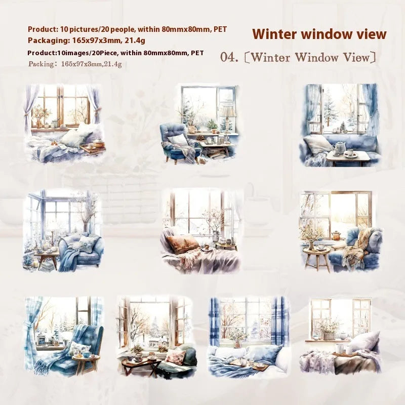 Set of six retro-themed window scene decorative stickers for journals, including seaside and garden designs.