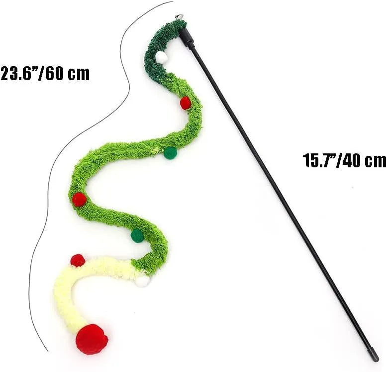 Colourful cat wand toy with plush strip, fluffy ball and bell on 41cm pole