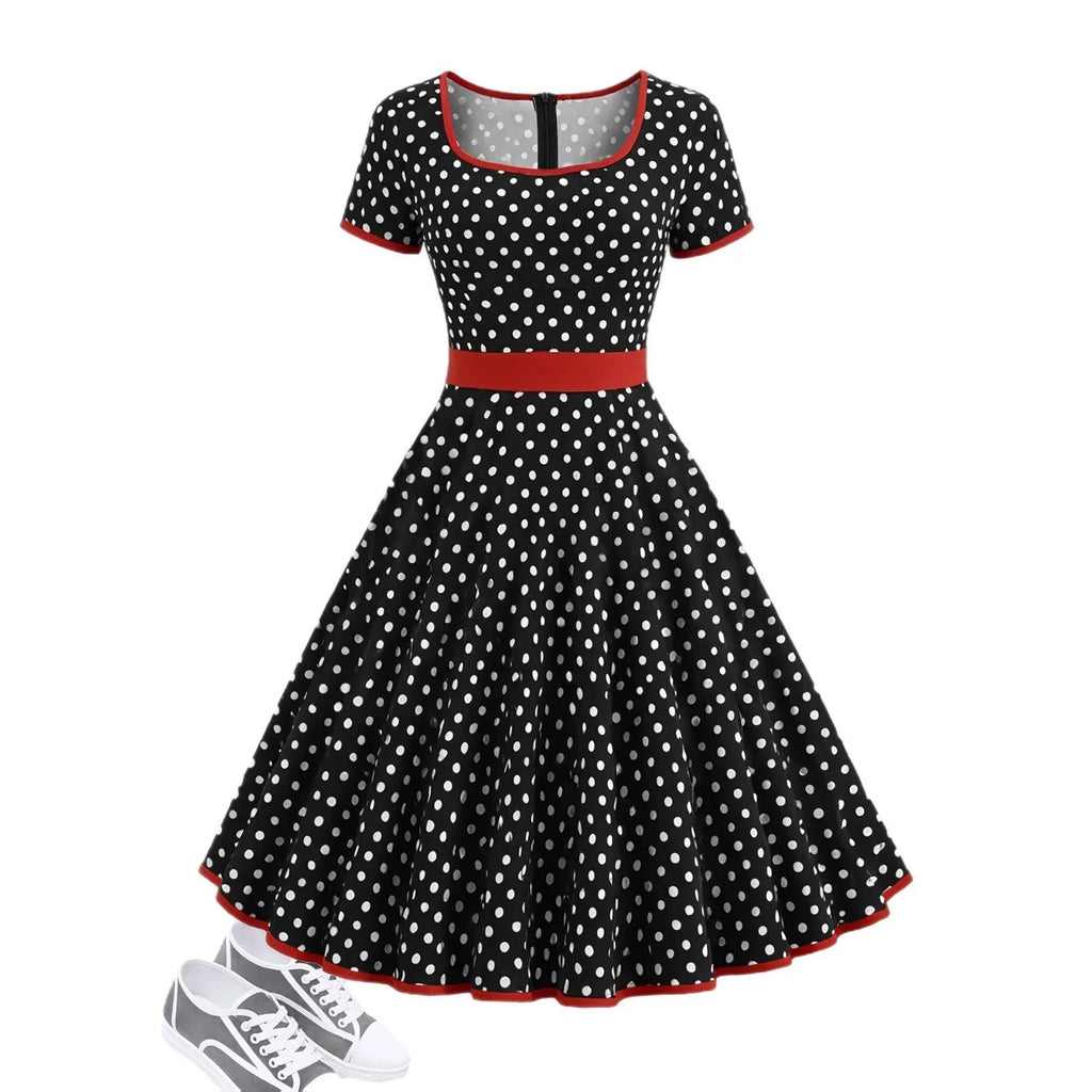 Multicolour polka dot pleated midi dress with a square collar, short sleeves, and a front zipper.