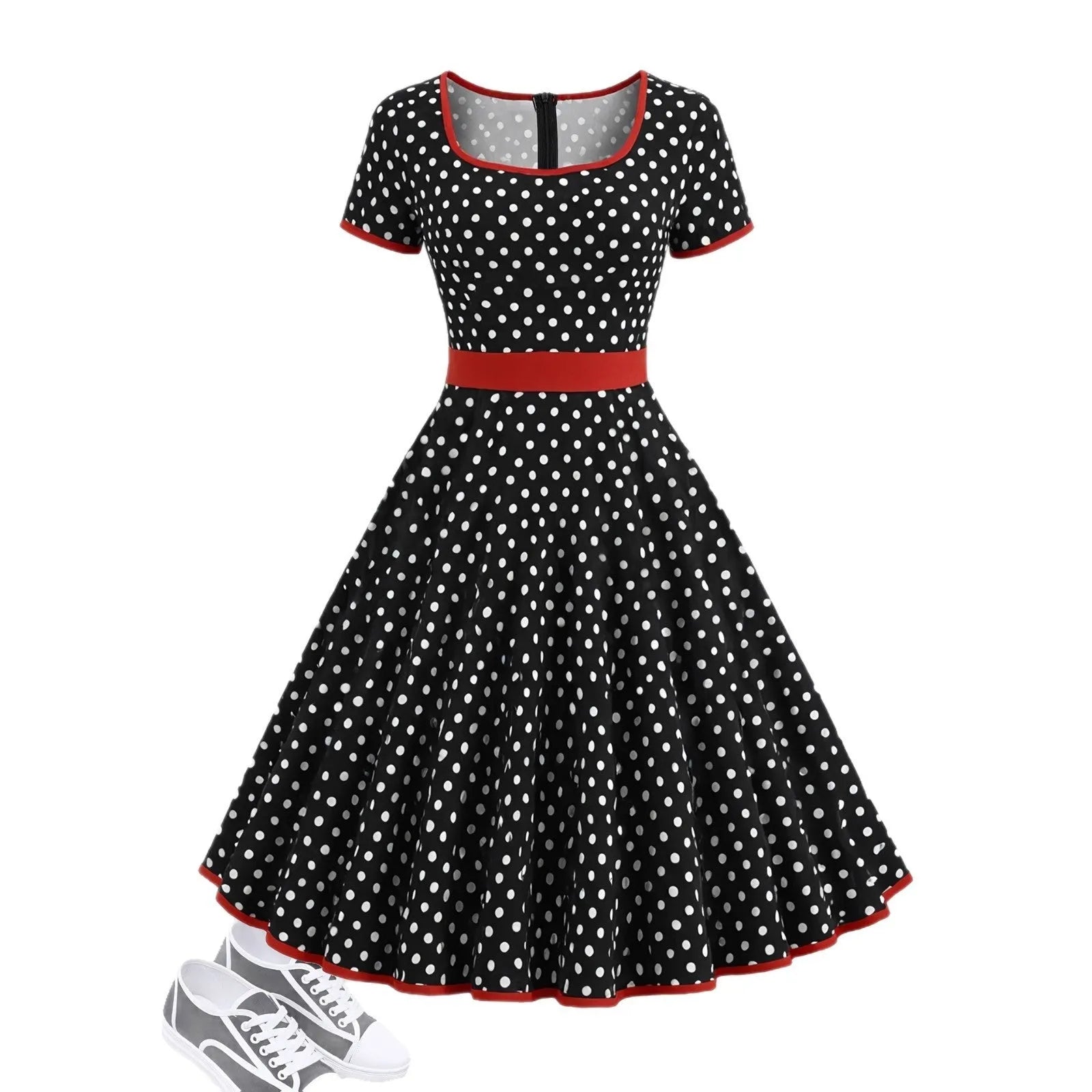 Multicolour polka dot pleated midi dress with a square collar, short sleeves, and a front zipper.