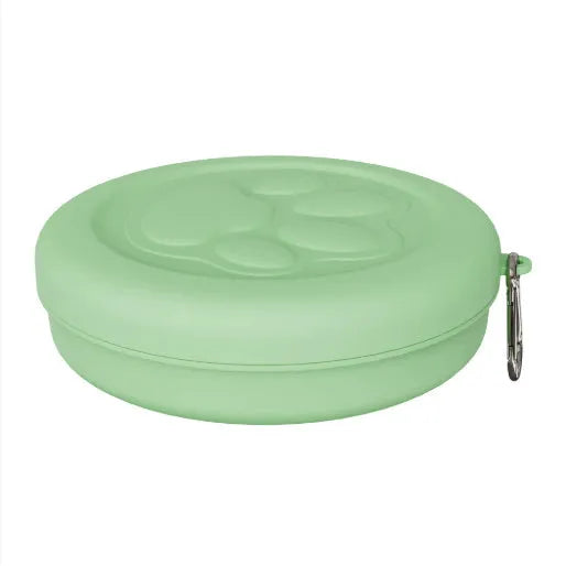 Portable two-piece dog food and water bowl in light green and pink colours, shown in large and small size options