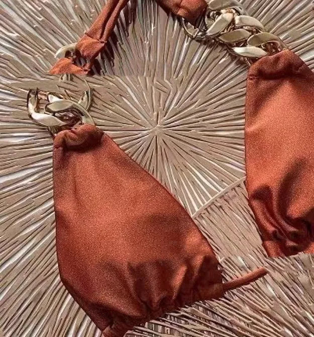 Brown women's push up bikini swimsuit with tube-top ring tether design