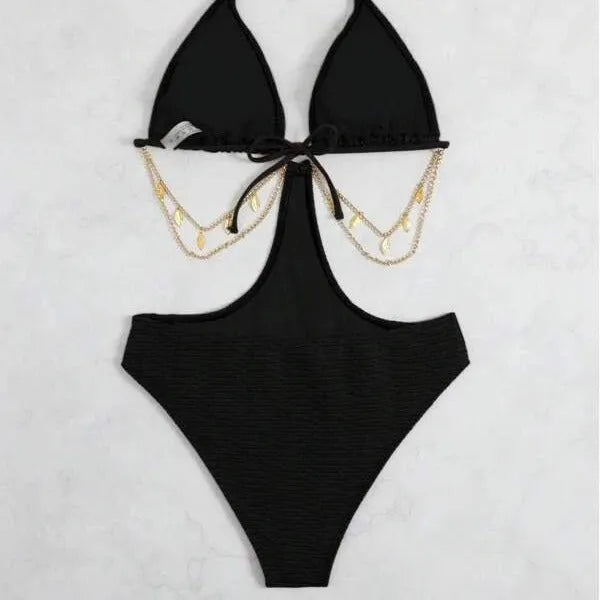 Women's black bikini swimsuit with chain detail, two-piece sleeveless design