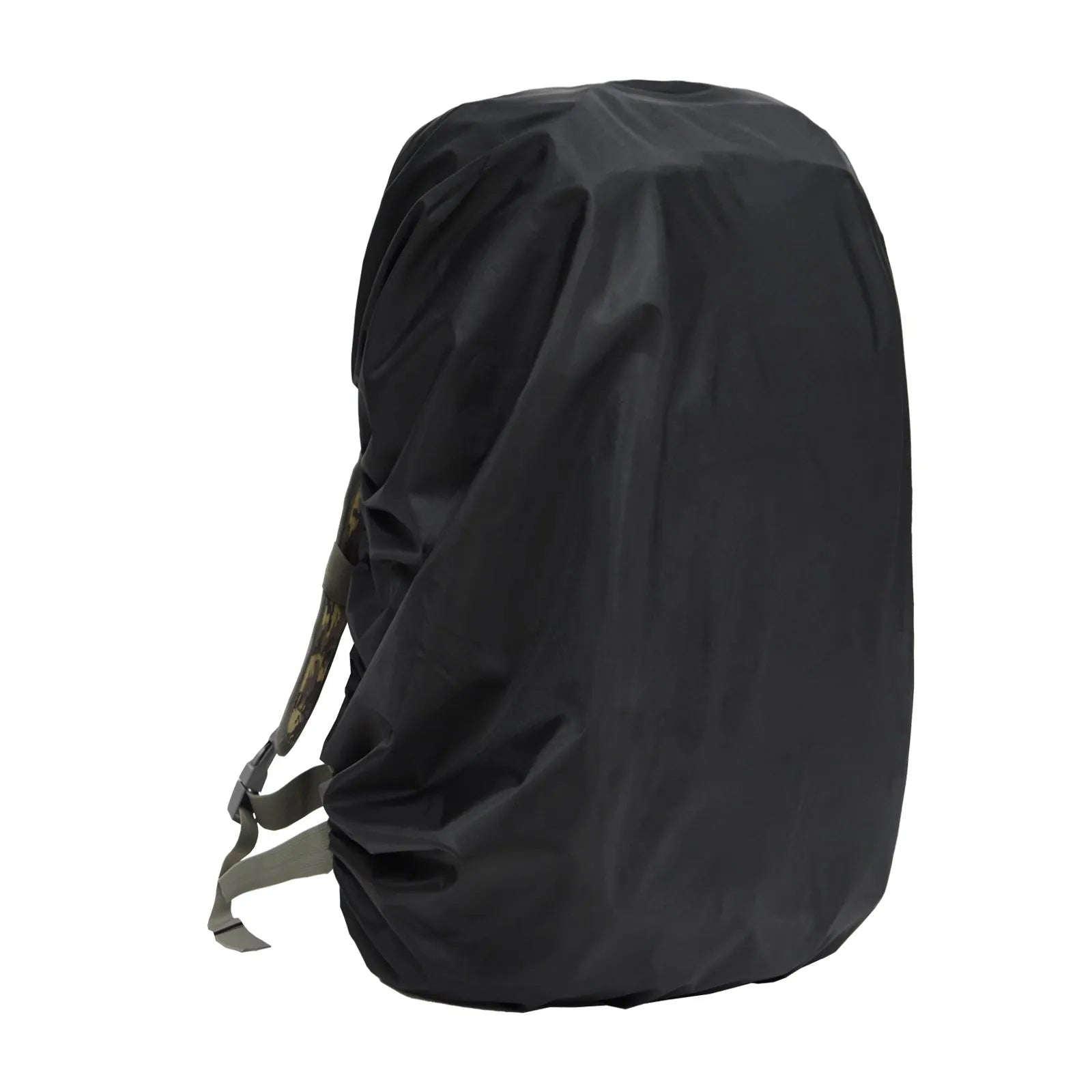 Army green backpack rain cover with elastic edges shown alongside 80 litre backpack for scale