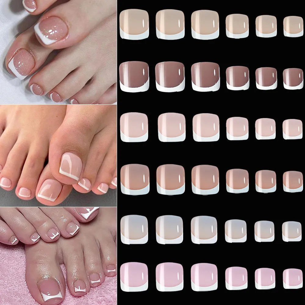 Box of 120 French white edge full square short nude toe nail tips on a white background.