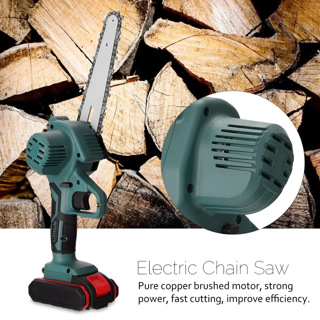 Black cordless mini electric chainsaw with 4-inch bar held in one hand for garden use.
