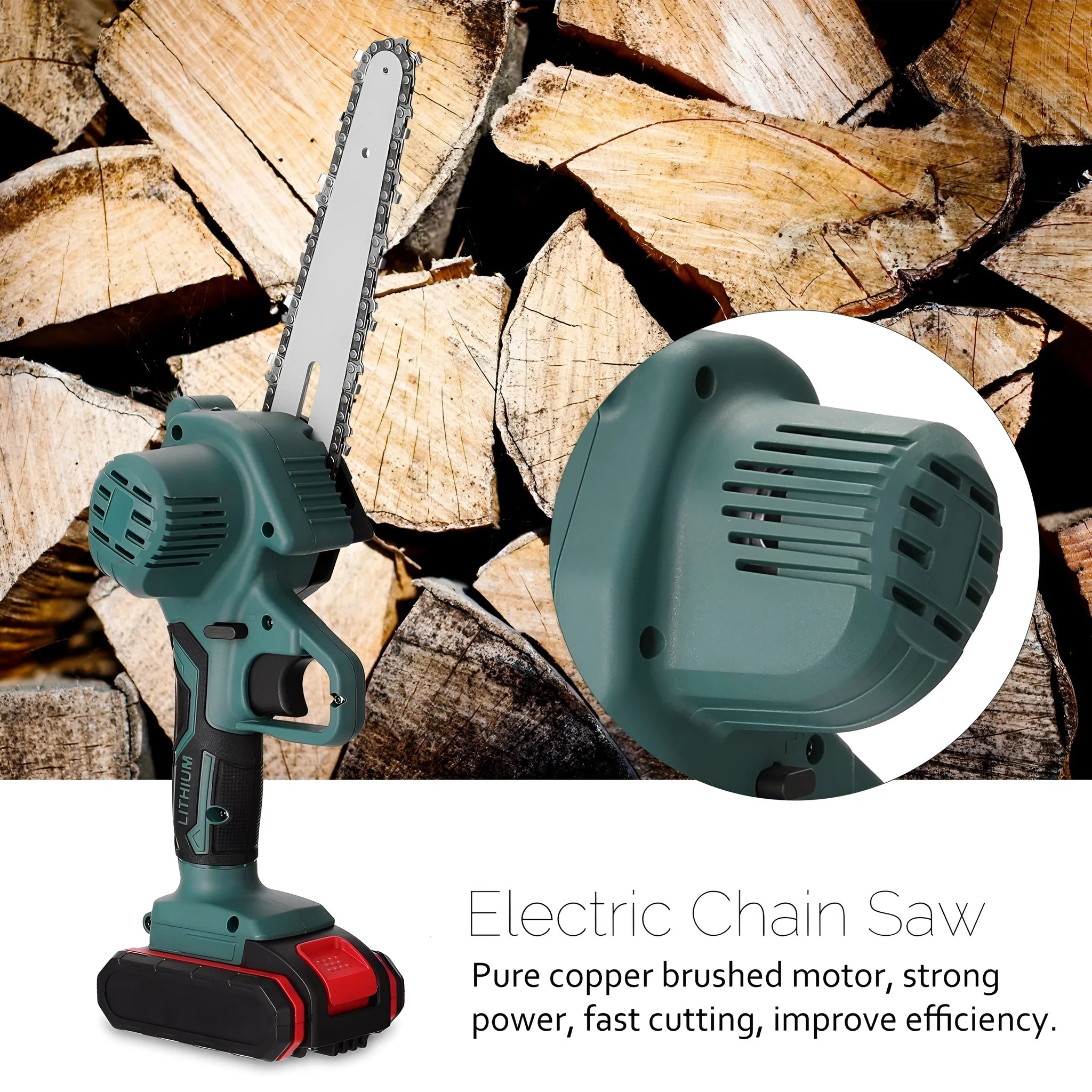 Black cordless mini electric chainsaw with 4-inch bar held in one hand for garden use.