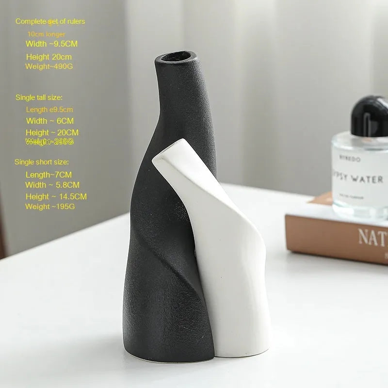 Ceramic shaped double vase in cream colour for Nordic home decoration on shelf