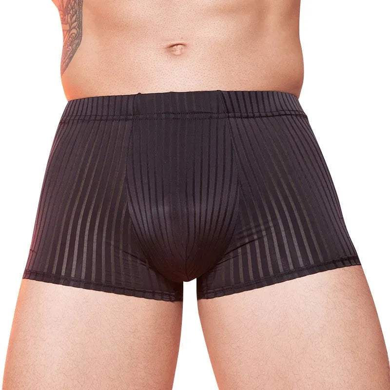 Men's striped underwear in thin transparent nylon fabric showing black, white, and dark grey colour options