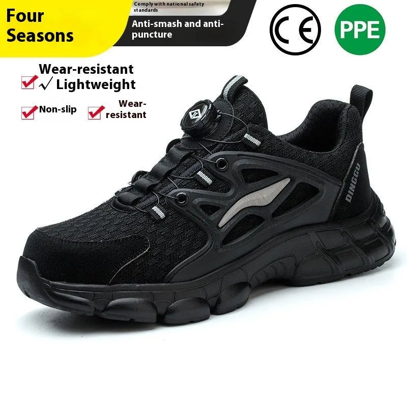 Men's black steel toe cap safety shoes with Flyknit upper and TPU sole, low-top design