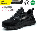 Men's black steel toe cap safety shoes with Flyknit upper and TPU sole, low-top design