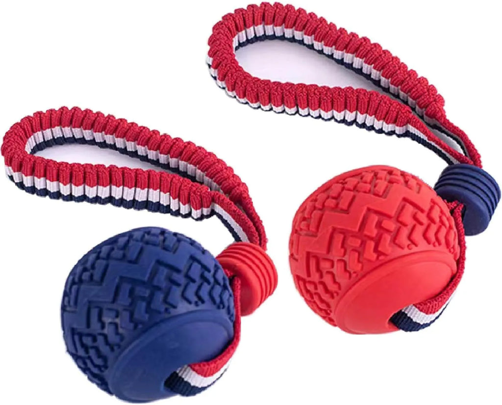 Blue dog ball with rope toy for small dogs, showing textured surface and 29cm length.