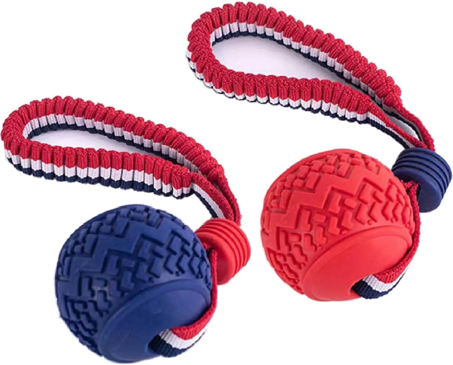 Blue dog ball with rope toy for small dogs, showing textured surface and 29cm length.