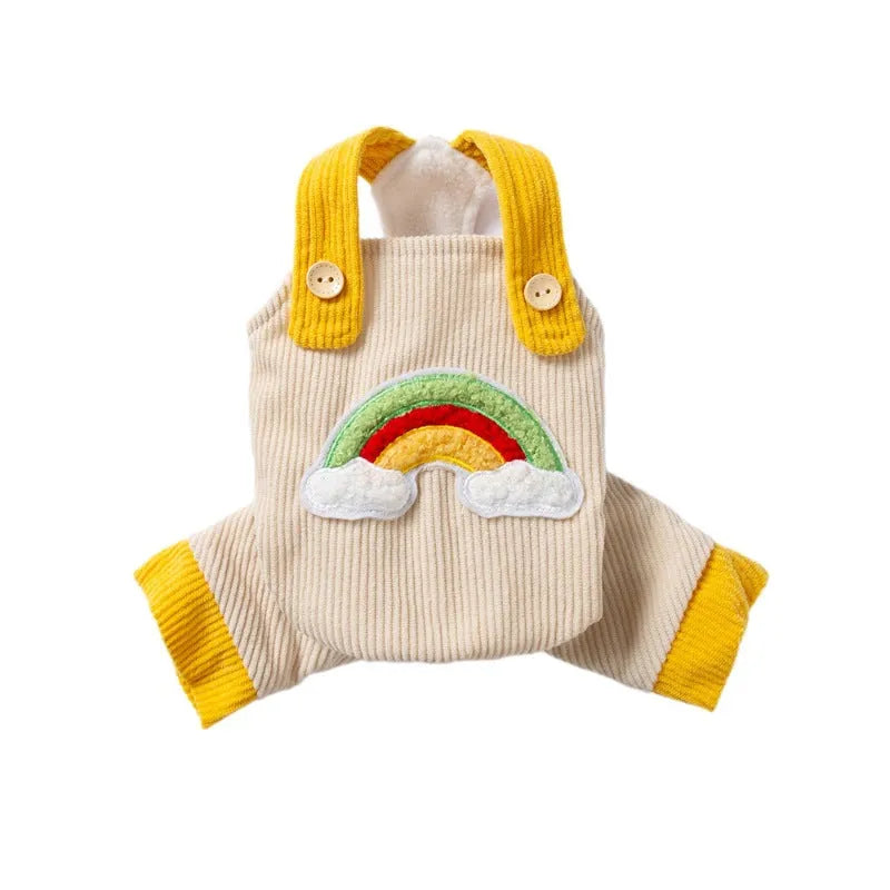 Dog jumpsuit in corduroy fabric with rainbow print, beige and brown options, for small dogs autumn winter