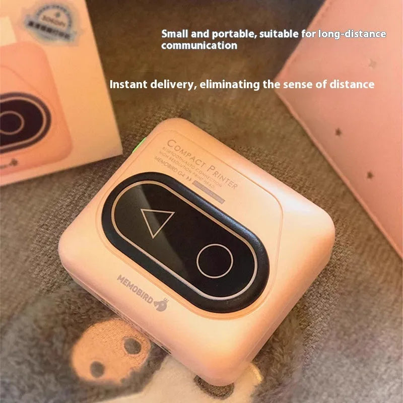 Bluetooth thermal mini printer in avocado green, pink, small yellow duck, or white colours with dimensions 87x79x39mm