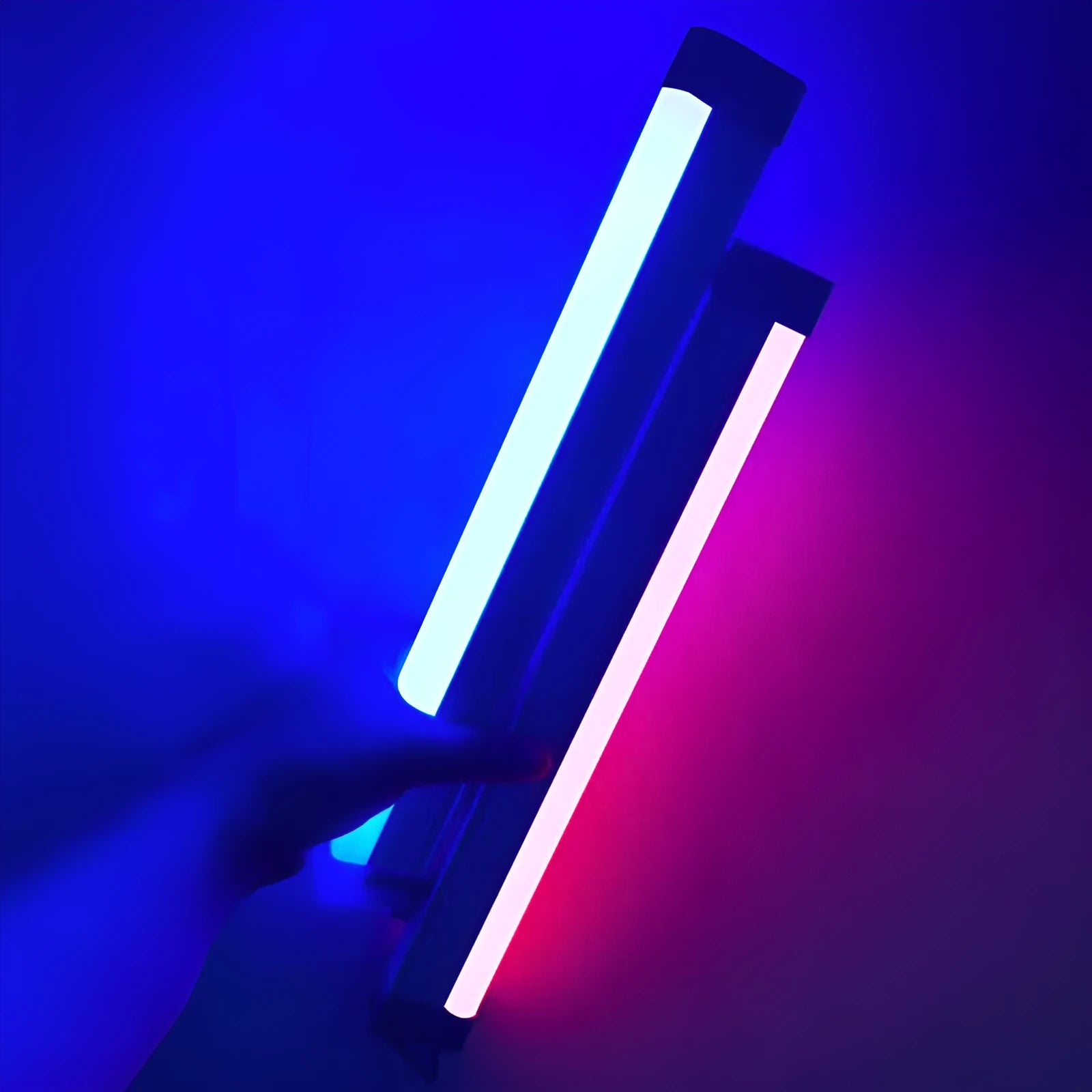 Blue and purple rechargeable LED tube light with dimmer switch for bedroom or photography.