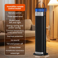 Tall, slim intelligent vertical heater with humidification function and remote control on a wooden floor.