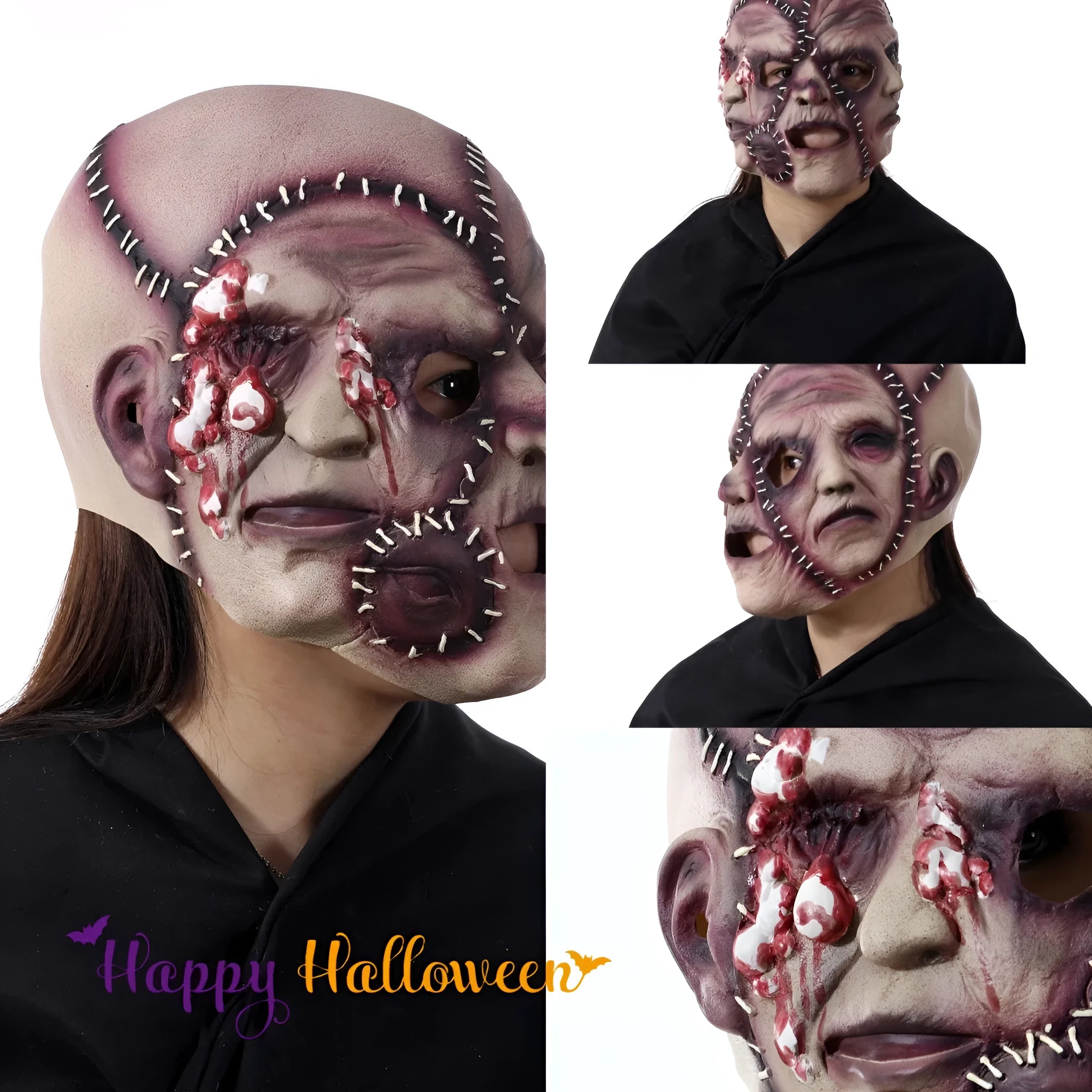 Three-sided grimace horror mask showing three distinct grotesque faces in natural latex