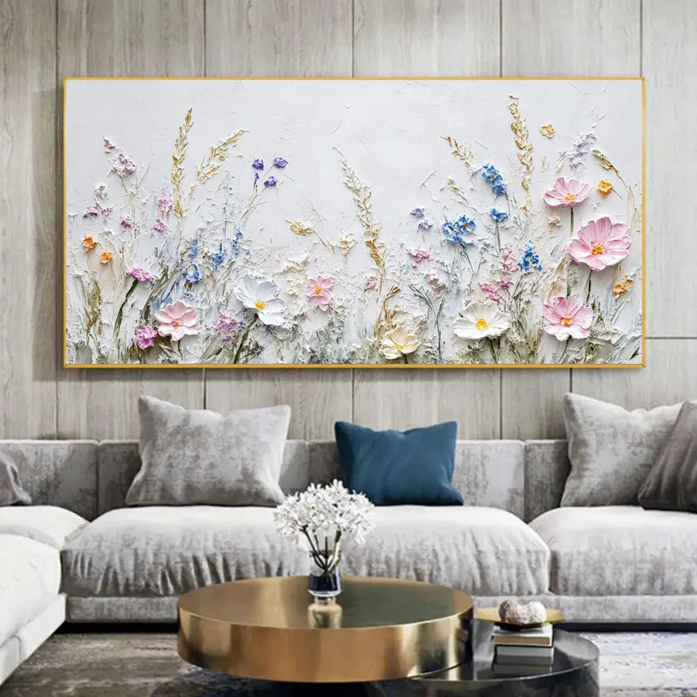 Handmade oil painting canvas wall art with 3D palette knife flowers in modern style, rolled frameless unstretched