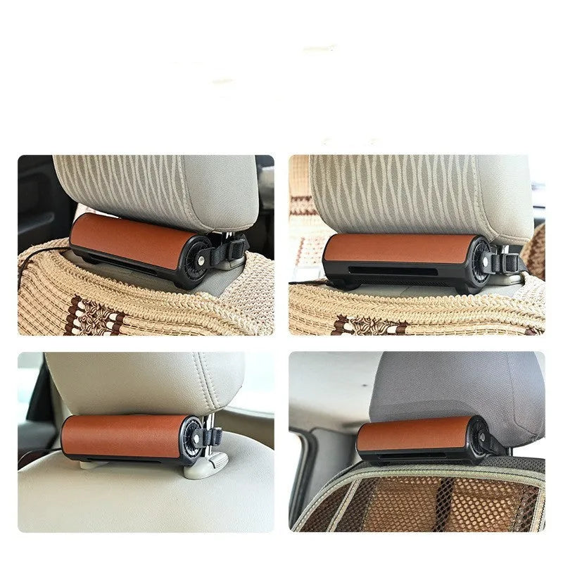 Bladeless car ventilation fan with USB power cord in black colour showing three control buttons