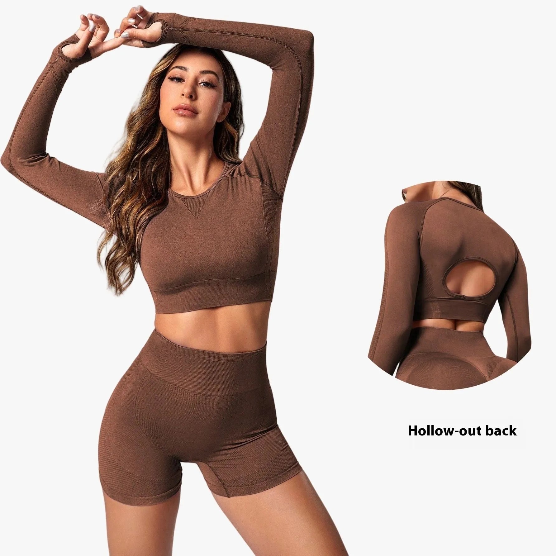 Women's black yoga suit with high waist hip lift design and long sleeves for fitness activities