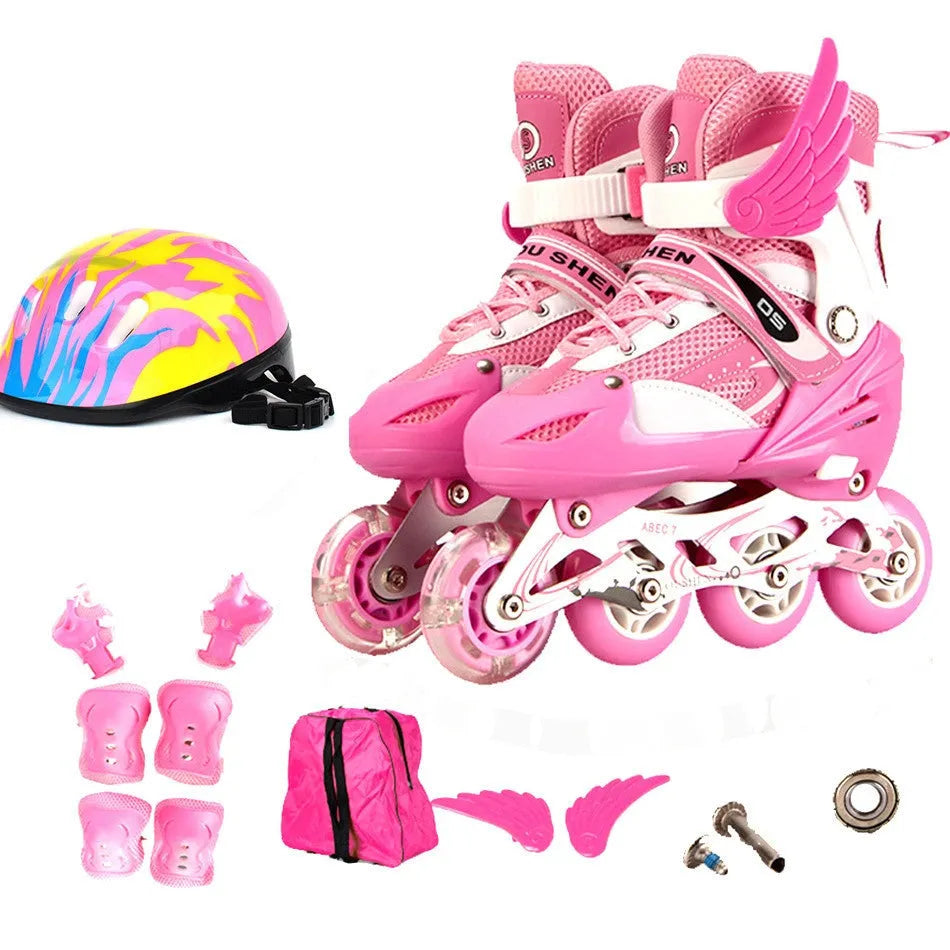 Adjustable children's roller skates in various colours with PU wheels, aluminium frame, and included protective gear set.
