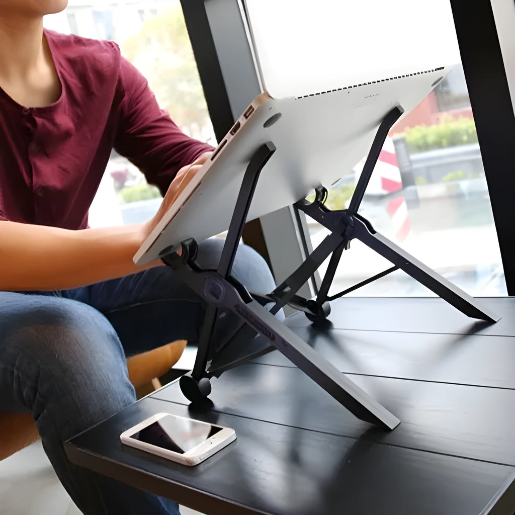 Sagacious black portable folding computer bracket with adjustable height mechanism for laptops and tablets