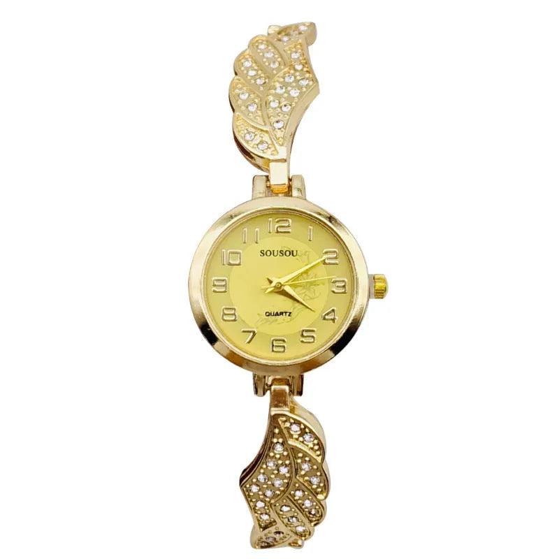 Women's stainless steel watch with round dial showing gold surface option and vachette clasp buckle